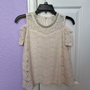 Monteau girls off the shoulder blouse size extra large. Lace material with satin